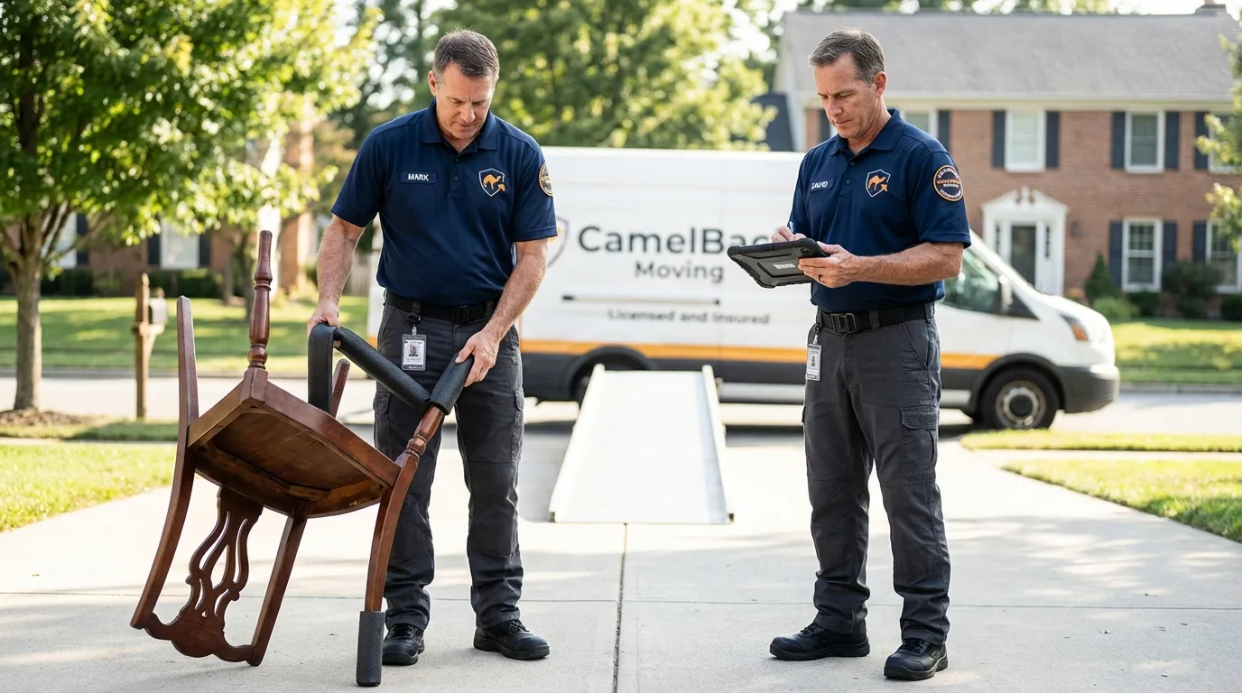 Movers inspecting furniture for damage prevention before loading in Dolan Springs, AZ