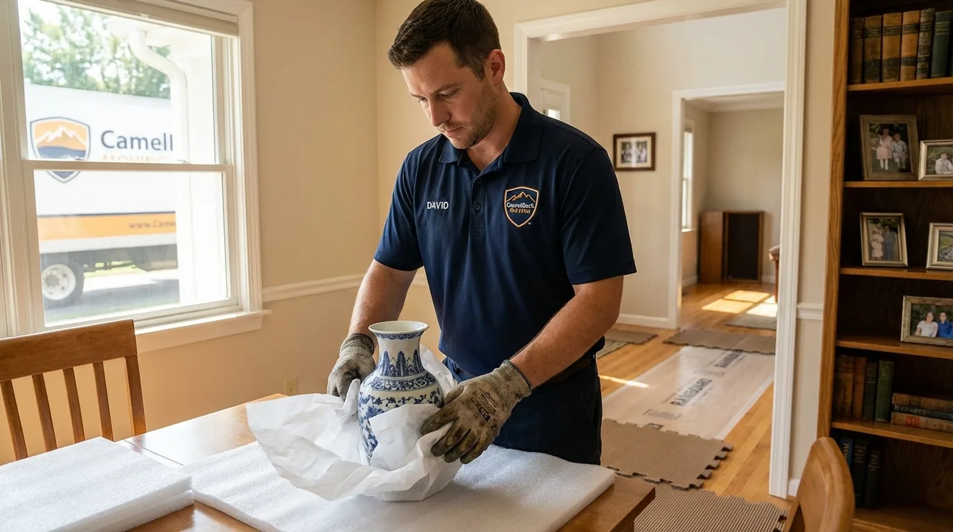 Professional crew carefully wrapping antique vase for senior downsizing move in Dolan Springs, AZ